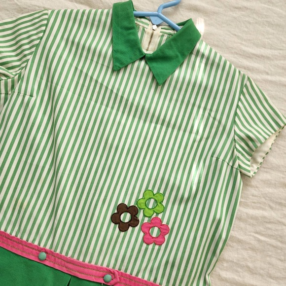 Vintage 70s Striped Flower Applique Dress kids 8/10 - Picture 2 of 8